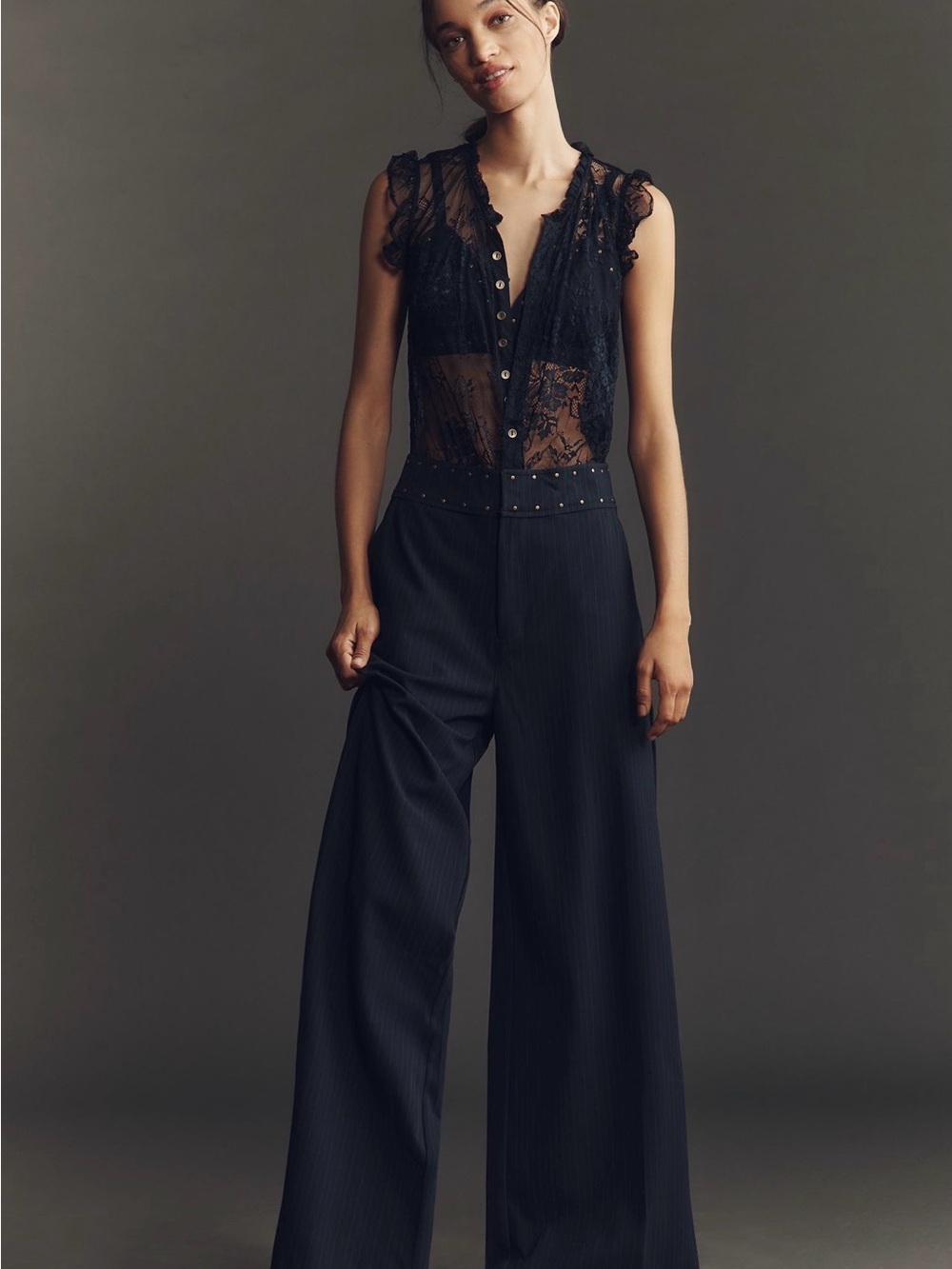 Anthropologie Black Pinstripe Wide-Leg High-Waist Pants fits S and M